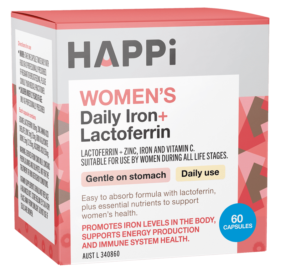 HAPPi Women's Daily Iron+ Lactoferrin cung cấp sắt hỗ trợ sức khoẻ cho nữ giới ở mọi giai đoạn